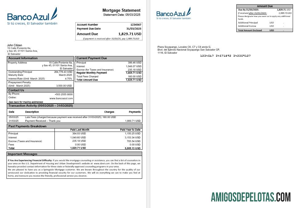 Extrato de hipoteca do Salvador Banco Azul em formatos Word e PDF exemplo